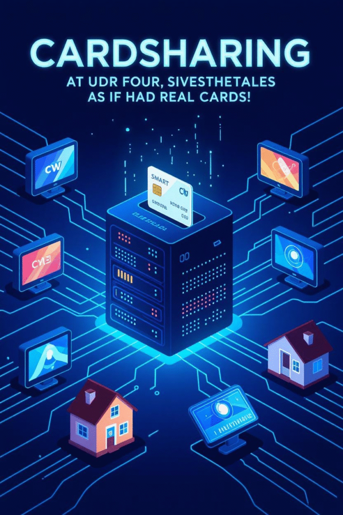 The Hidden World of Satellite TV Encryption: From Smart Cards to Cardsharing 5 A futuristic but slightly retro digital illustration showing the concept of cardsharing.