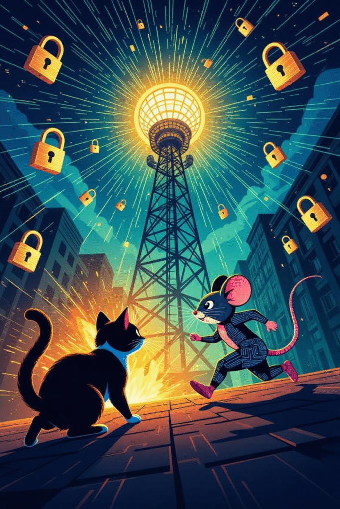 The Hidden World of Satellite TV Encryption: From Smart Cards to Cardsharing 6 A symbolic digital illustration showing a cat-and-mouse chase in the world of satellite TV encryption.