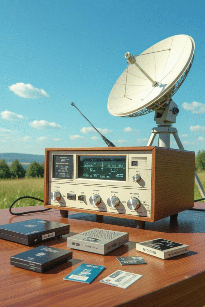 The Hidden World of Satellite TV Encryption: From Smart Cards to Cardsharing 2 Satellite TV Encryption - A retro 1990s-style scene showing the early days of satellite TV