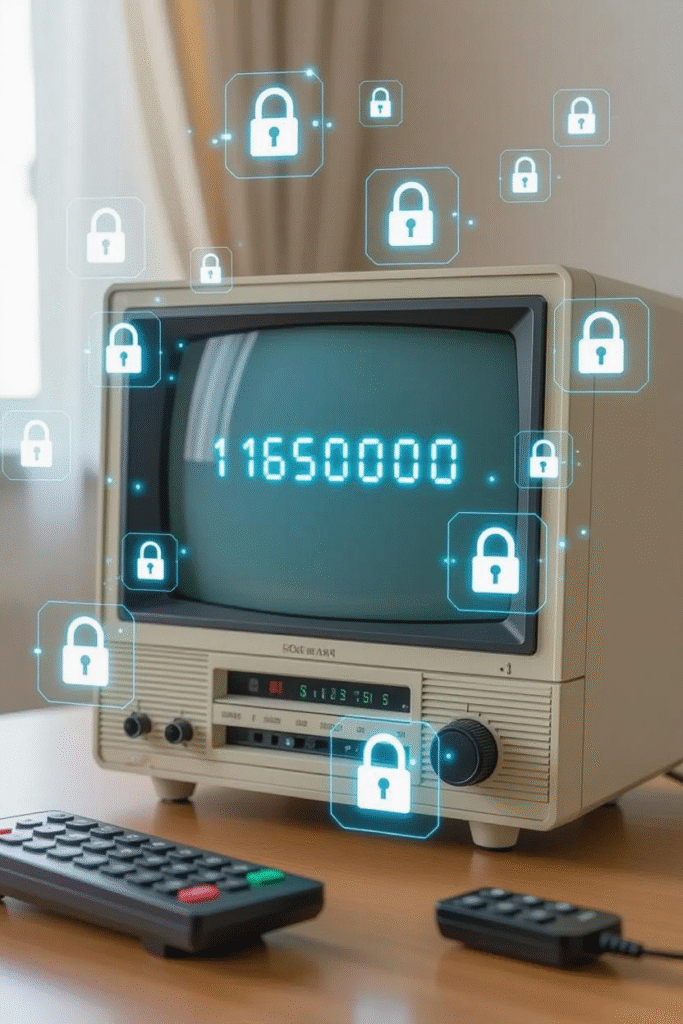 The Hidden World of Satellite TV Encryption: From Smart Cards to Cardsharing 3 A vintage satellite TV receiver from the early 2000s displayed on a table, with its screen showing a hidden secret menu where a 16-digit encryption key is being entered using a remote control.