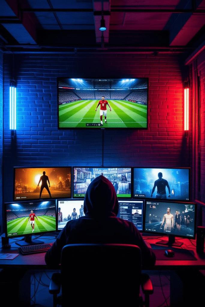 Piratkort Parabol: Global Decline of Satellite Piracy and Rise of Streaming 2 A hacker operating multiple IPTV servers, with screens showing live football, movies, and premium channels being restreamed illegally.