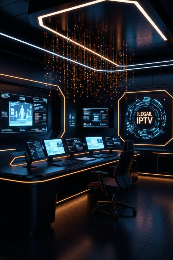 Piratkort Parabol: Global Decline of Satellite Piracy and Rise of Streaming 4 A futuristic control center with AI monitoring illegal IPTV streams and detecting piracy attempts in real-time.