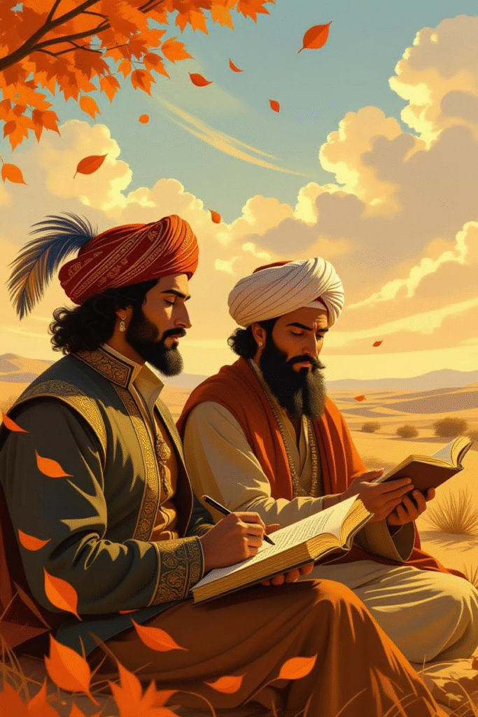 Autumnal Heat Season: A Forgotten Global Story of Heat, Harvest, and Humanity 3 Illustration of Shakespeare and Shah Latif side by side, both writing about autumn heat, leaves falling and Sindhi desert blending into English countryside