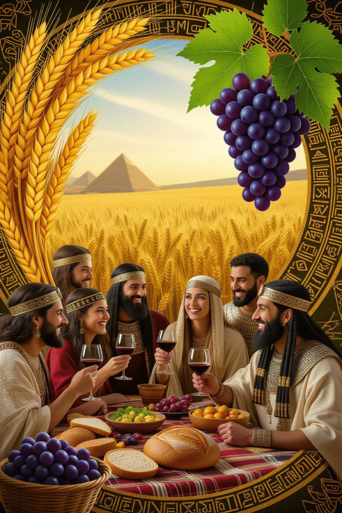 Autumnal Heat Season: A Forgotten Global Story of Heat, Harvest, and Humanity 4 Collage of ancient Celtic, Jewish, and Egyptian harvest rituals, golden grains, grapes, and people celebrating with bread and wine.