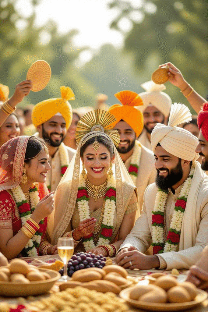 Autumnal Heat Season: A Forgotten Global Story of Heat, Harvest, and Humanity 5 Autumnal Heat Season - A family wedding in Bihar during September heat, women fanning themselves, groomsmen sweating under heavy turbans, symbolic of Bhadoon warmth.
