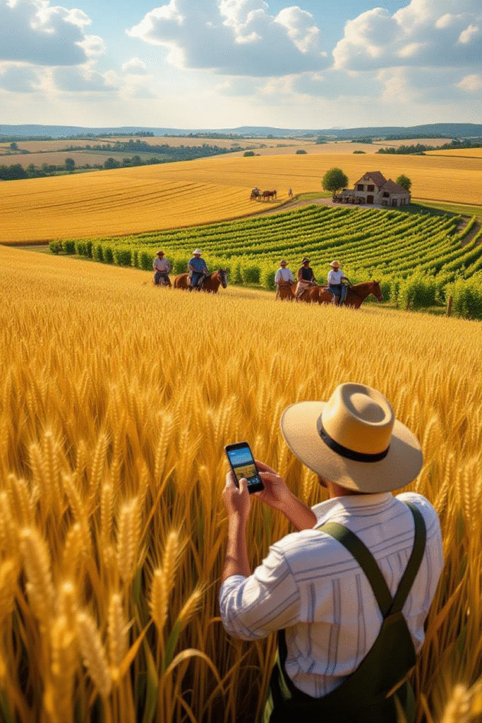 Autumnal Heat Season: A Forgotten Global Story of Heat, Harvest, and Humanity 6 Modern farmer using smartphone to check weather apps in a humid September field, merging ancient tradition with modern science.