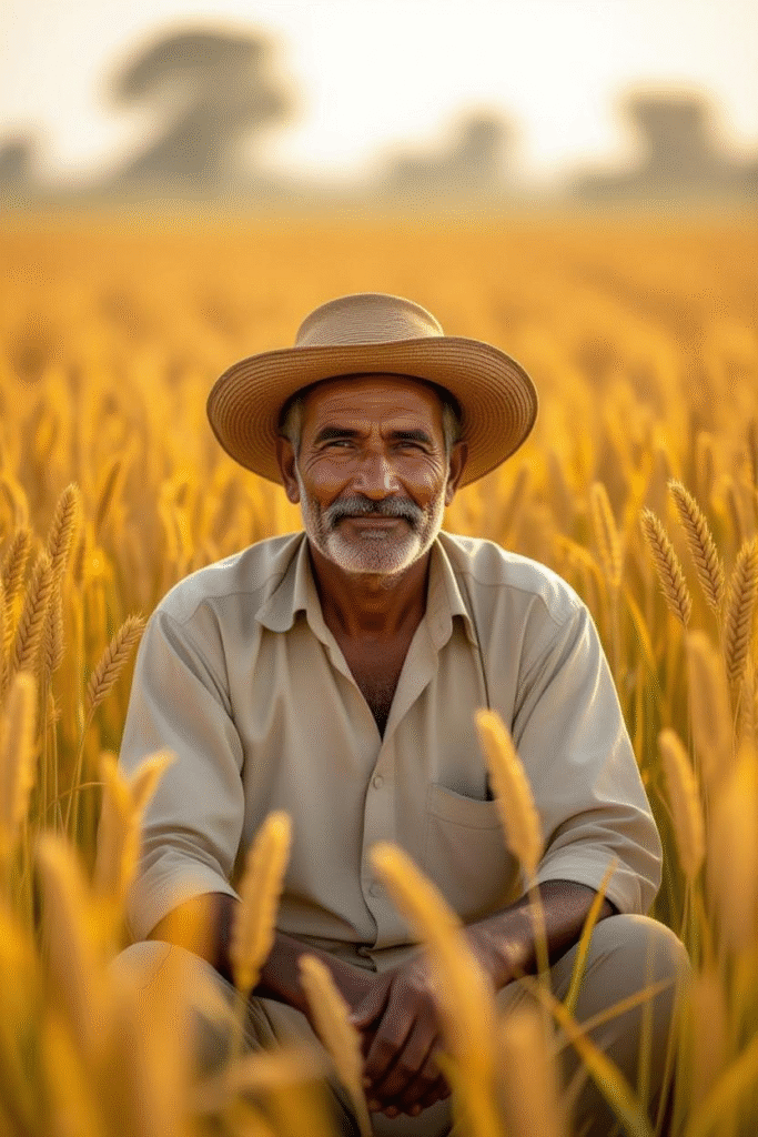 Autumnal Heat Season: A Forgotten Global Story of Heat, Harvest, and Humanity 1 A farmer in Sindh during September, sweating under a hazy sun, ripe millet fields in the background, atmosphere thick with humidity.
