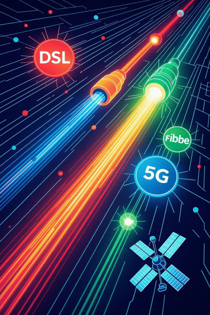 A futuristic infographic comparing DSL, cable, fiber, 5G, and satellite with speed icons and pros/cons.
