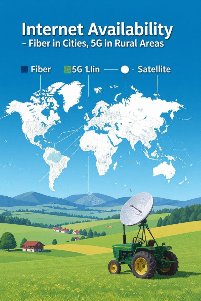A global map showing internet availability—fiber in cities, 5G in rural areas, and satellite in remote regions.