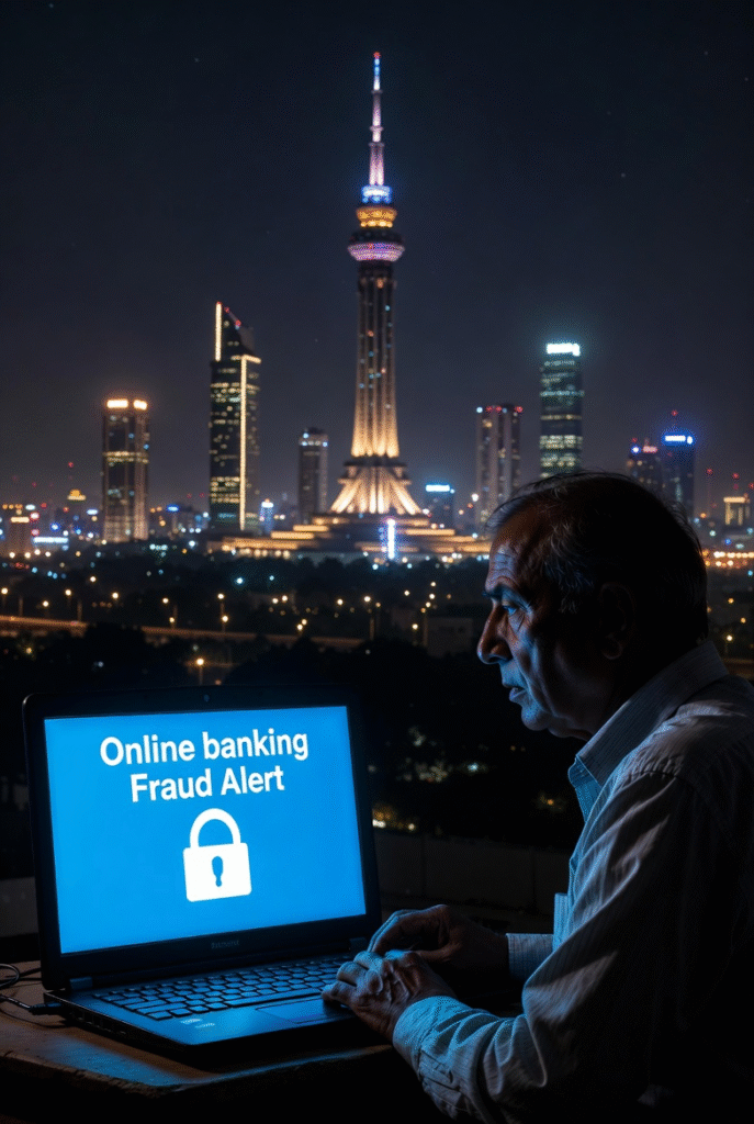 The Karachi SIM Swap Scam — How ₹8.5 Million Vanished Overnight 1 A worried man sitting in front of a laptop showing an online banking fraud alert, Karachi city skyline glowing at night.