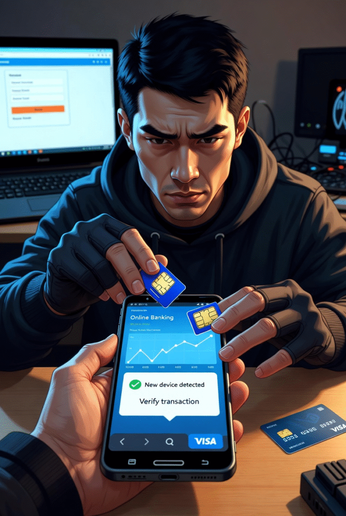 The Karachi SIM Swap Scam — How ₹8.5 Million Vanished Overnight 2 Illustration showing a hacker swapping SIM cards and accessing a victim’s online bank account.