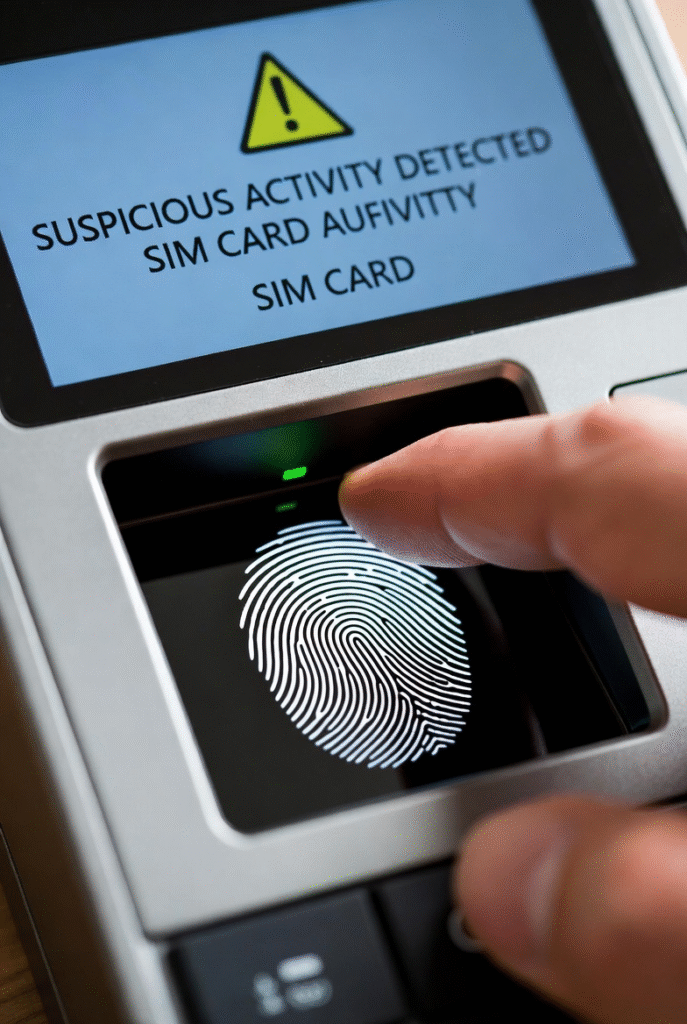 The Karachi SIM Swap Scam — How ₹8.5 Million Vanished Overnight 3 Close-up of a biometric fingerprint scanner with suspicious SIM card activity in background.