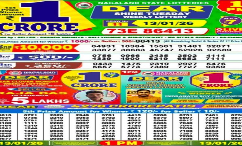 Nagaland State Lottery Result Today, 13 January 2026: Sambad Lottery 1 PM Dear Weekly Tuesday Lucky Draw