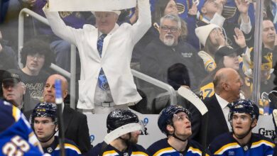 Apr 3, 2025; St. Louis, Missouri, USA;  St. Louis Blues fans holds up a sign during the second period against the Pittsburgh Penguins at Enterprise Center. Mandatory Credit: Jeff Curry-Imagn Images