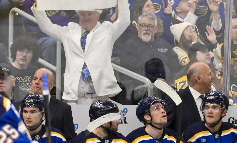Apr 3, 2025; St. Louis, Missouri, USA;  St. Louis Blues fans holds up a sign during the second period against the Pittsburgh Penguins at Enterprise Center. Mandatory Credit: Jeff Curry-Imagn Images