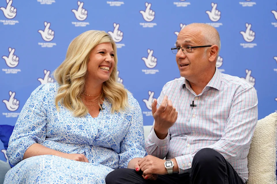 Joe Thwaite, 49, and Jess Thwaite, 46, from Gloucestershire celebrate after winning the record-breaking EuroMillions jackpot of £184M from the draw on Tuesday 10 May, 2022, at the Ellenborough Park Hotel, in Cheltenham, Gloucestershire. Picture date: Thursday May 19, 2022.