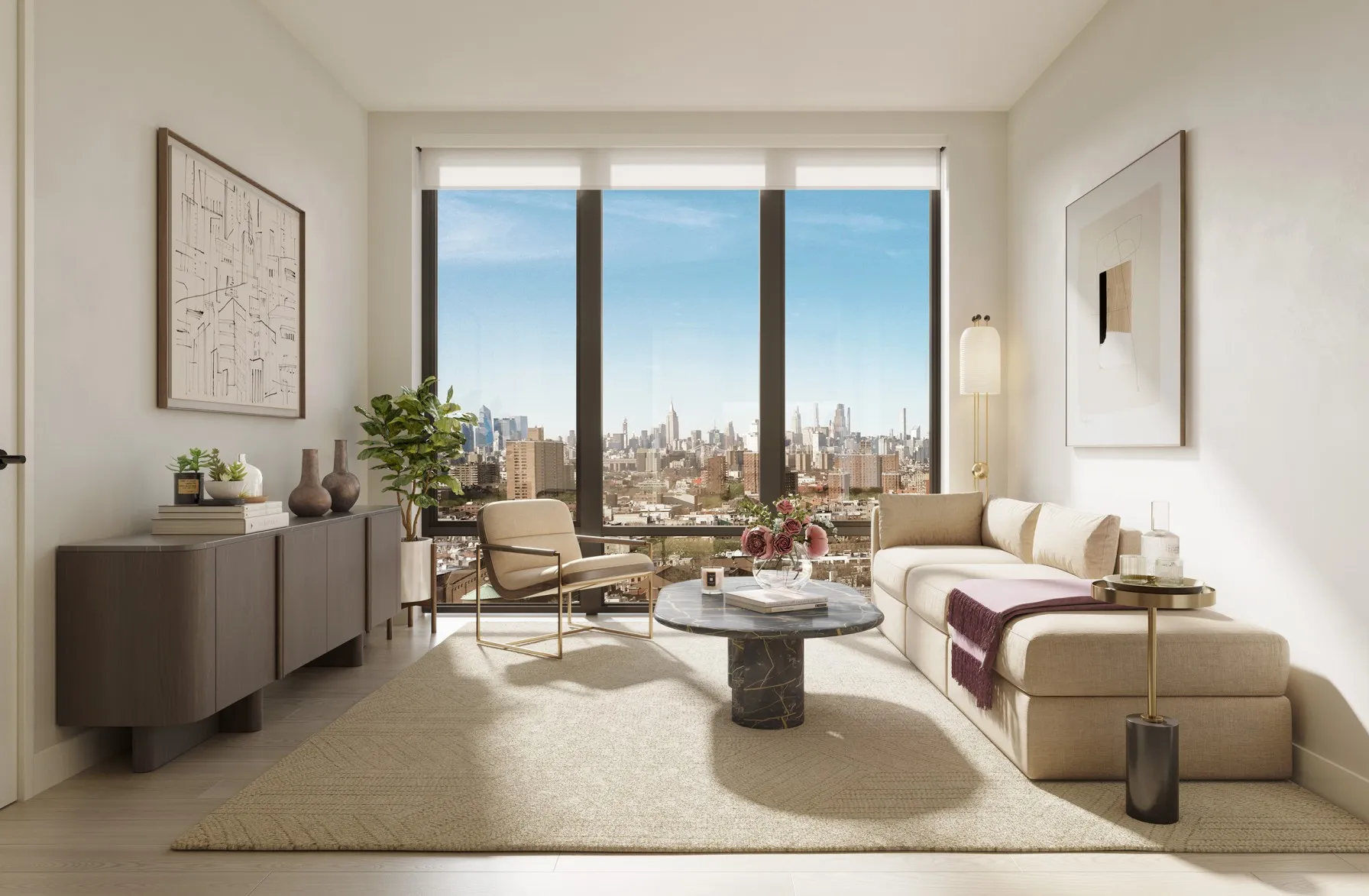 rendering of a living room with pale floor, white walls, and floor to ceiling windows