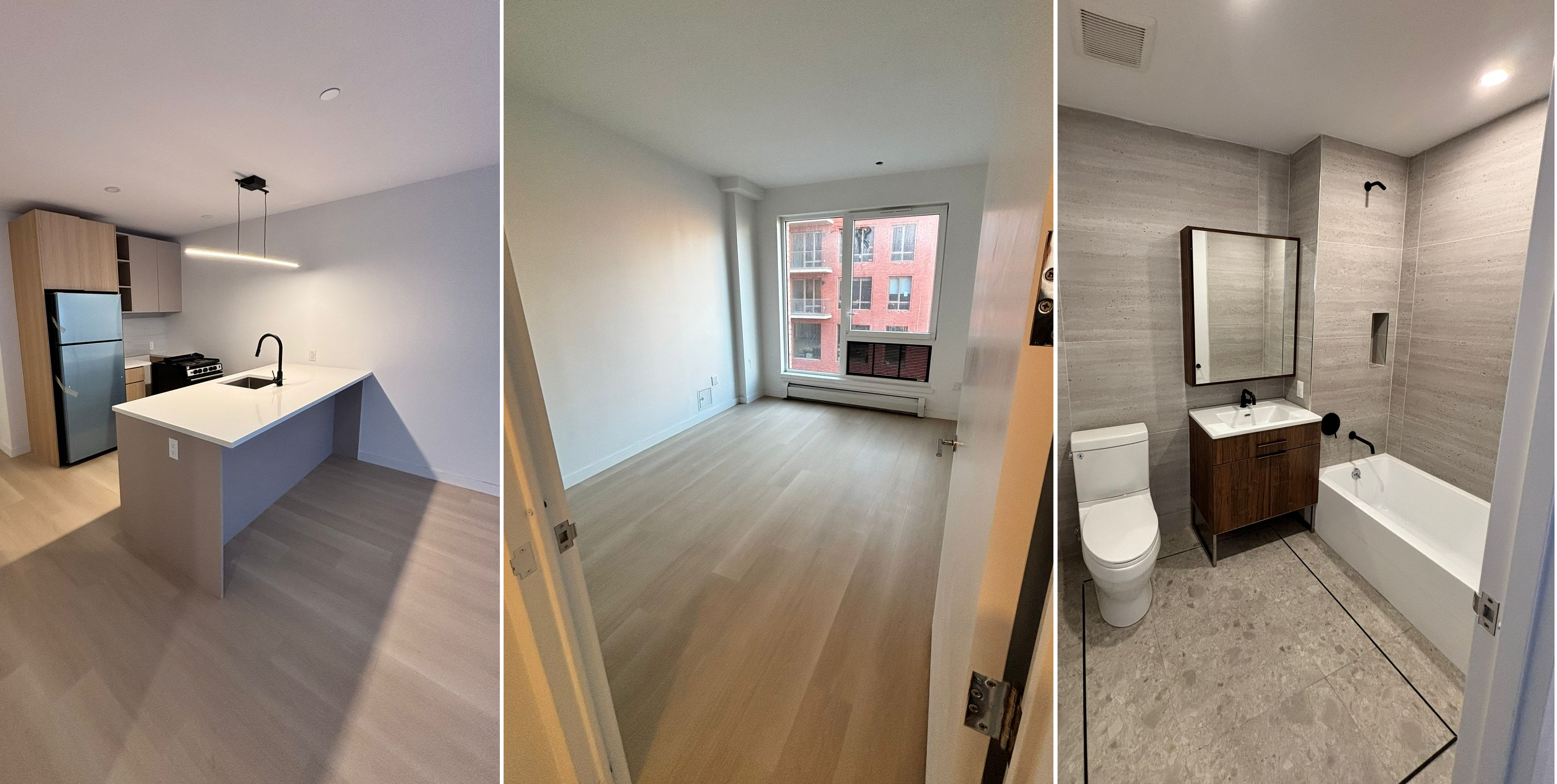 collage of photos of living, kitchen and bathroom all with neutral finishes