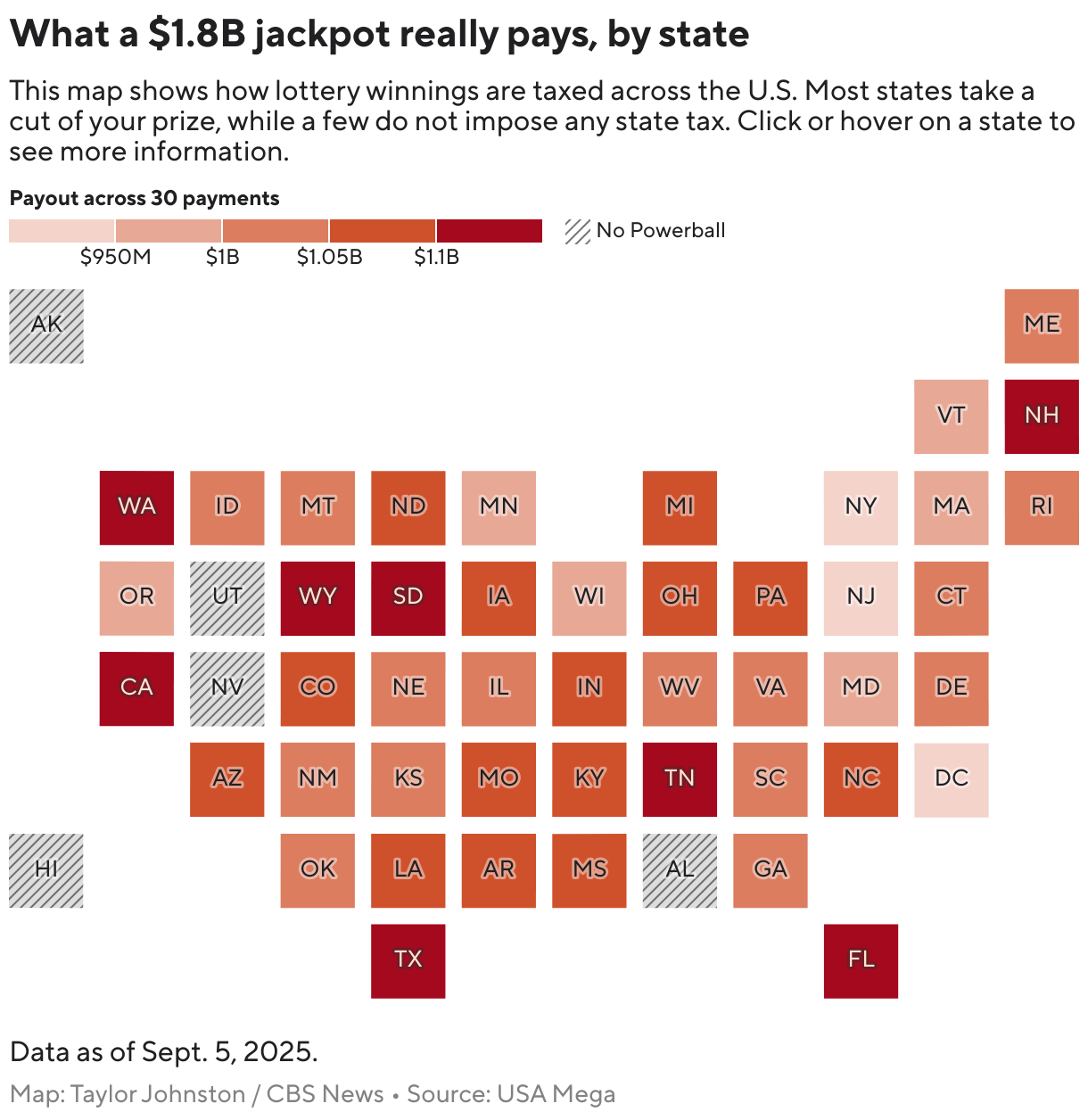 What a $1.3B jackpot really pays, by state (Choropleth map)