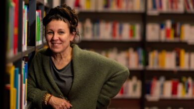 Polish author Olga Tokarczuk poses after a press conference on Oct. 10, 2019, in Bielefeld, western Germany, after she was awarded the 2018 Nobel Literature Prize.