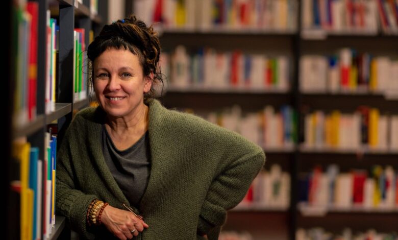 Polish author Olga Tokarczuk poses after a press conference on Oct. 10, 2019, in Bielefeld, western Germany, after she was awarded the 2018 Nobel Literature Prize.