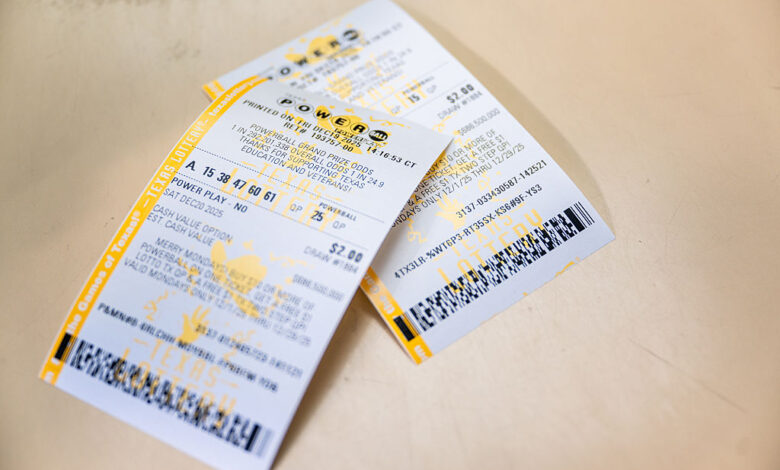 AUSTIN, TEXAS - DECEMBER 19: In this photo illustration, Powerball lottery tickets are displayed on a countertop at an Exxon Mobil gas station on December 19, 2025 in Austin, Texas. The Powerball jackpot climbs to $1.5 billion, making it the fifth largest in Powerball history. (Photo by Brandon Bell/Getty Images)