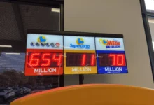 Digital display showing California Lottery Powerball, SuperLotto Plus, and Mega Millions jackpot amounts, Lafayette, California, November 23, 2025. (Photo by Smith Collection/Gado/Getty Images)