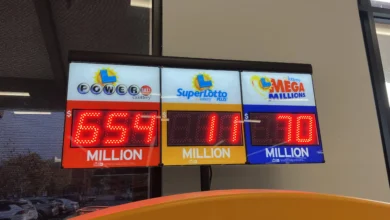 Digital display showing California Lottery Powerball, SuperLotto Plus, and Mega Millions jackpot amounts, Lafayette, California, November 23, 2025. (Photo by Smith Collection/Gado/Getty Images)