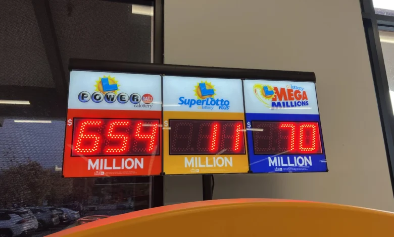 Digital display showing California Lottery Powerball, SuperLotto Plus, and Mega Millions jackpot amounts, Lafayette, California, November 23, 2025. (Photo by Smith Collection/Gado/Getty Images)