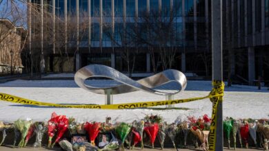 An impromptu memorial outside the Barus and Holley building on the campus of Brown University.
