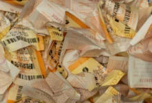 Hawthorne, CA - December 1: Crumpled up losing lottery tickets sit in a wastebasket at Bluebird Liquor on Monday, Dec. 1, 2025 in Hawthorne, CA. The Powerball jackpot has reached $740 million after no weekend winner was chosen. (Juliana Yamada / Los Angeles Times via Getty Images)