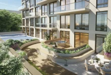 rendering showing landscaping with seating areas