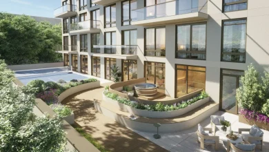 rendering showing landscaping with seating areas