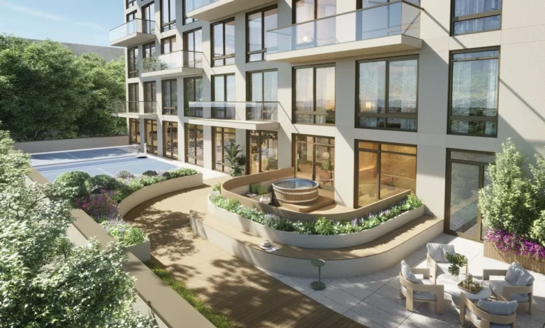 rendering showing landscaping with seating areas