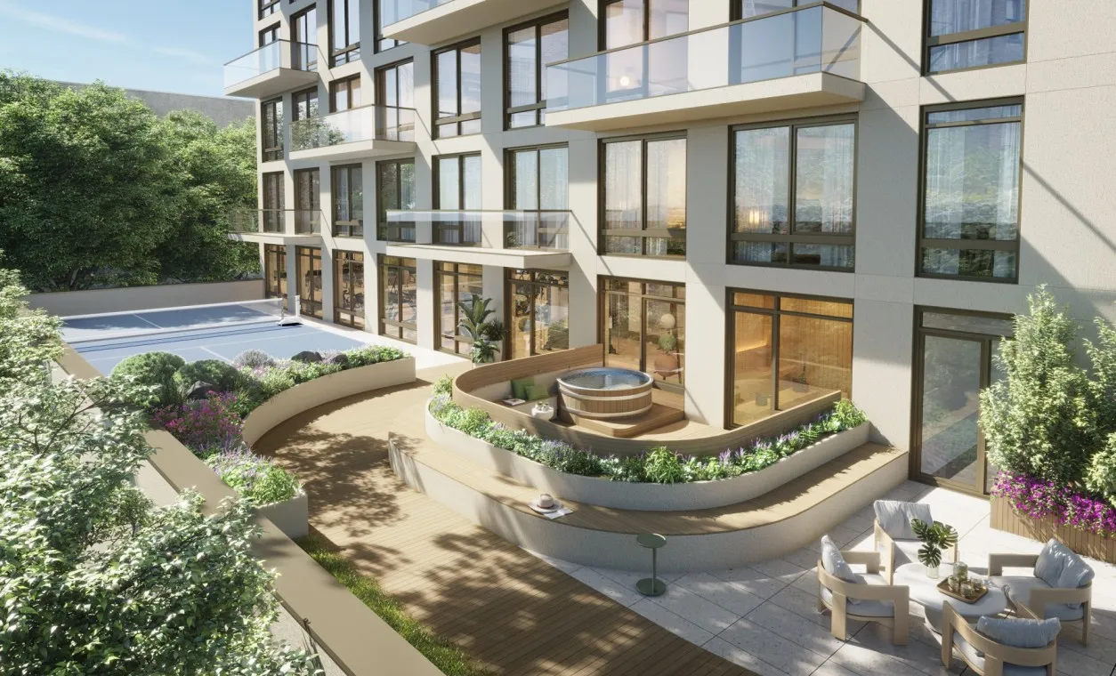 rendering showing landscaping with seating areas