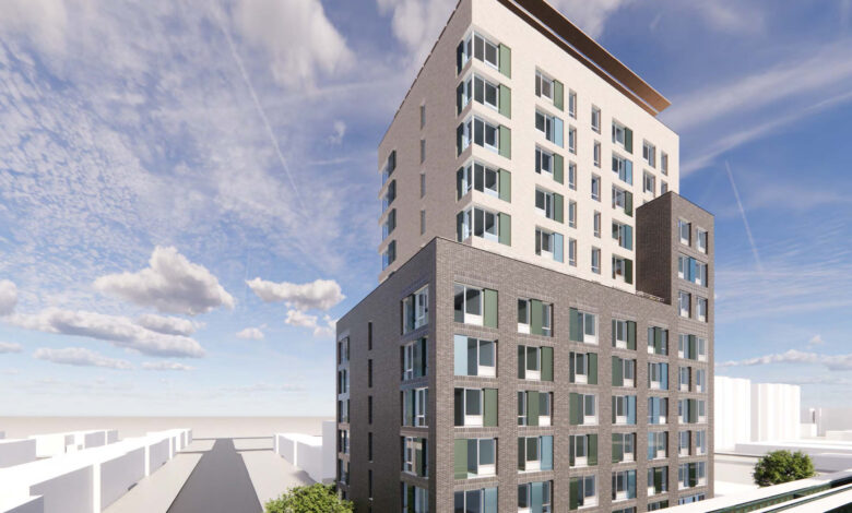 brownsville - rendering of a multi-story building with a gray brick base