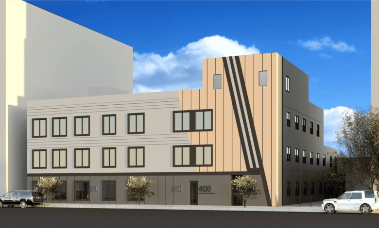 rendering of a building in shades of gray and beige