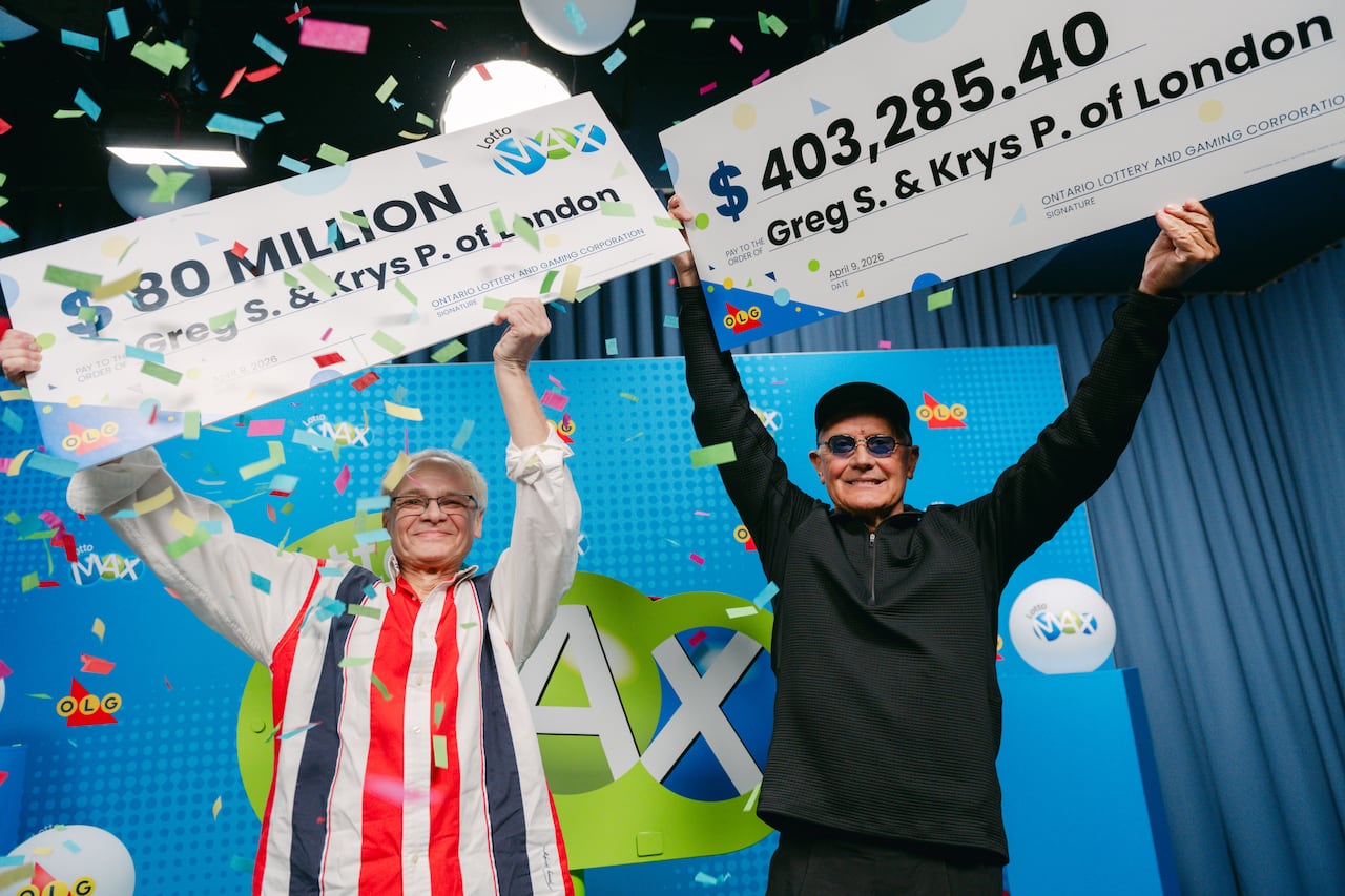 Greg S. and Krys P. proudly hold their novelty cheques.