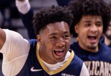 Dec 8, 2025; New Orleans, Louisiana, USA;  New Orleans Pelicans center Derik Queen (22) reacts to a play against the San Antonio Spurs during the second half at Smoothie King Center. Mandatory Credit: Stephen Lew-Imagn Images