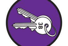 Purple circular icon showing a set of keys with an inscription that says 3B, representing accessible housing and housing stability.