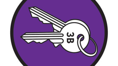 Purple circular icon showing a set of keys with an inscription that says 3B, representing accessible housing and housing stability.