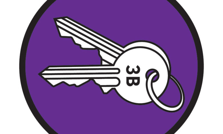 Purple circular icon showing a set of keys with an inscription that says 3B, representing accessible housing and housing stability.