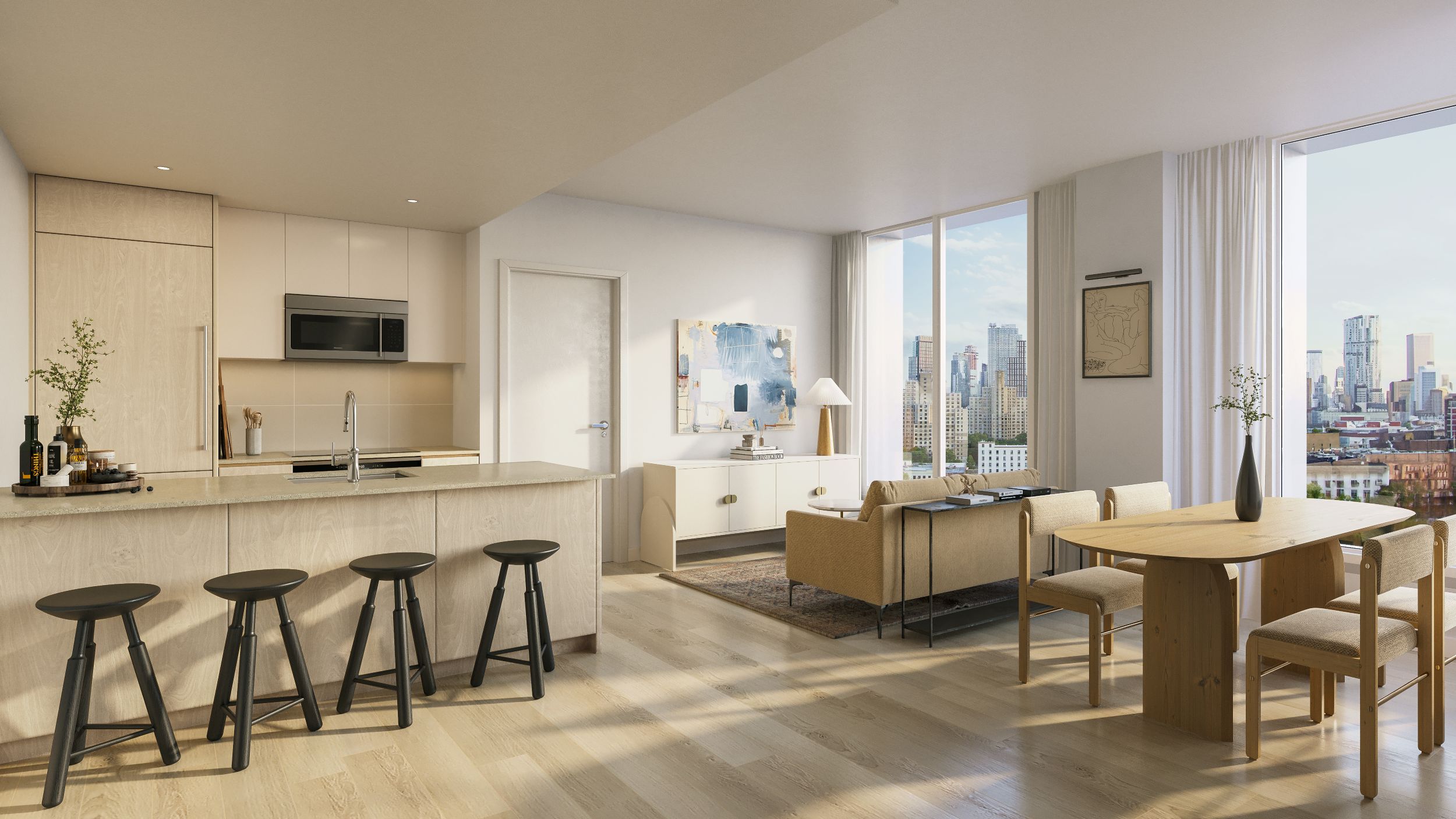 open plan kitchen and living room area in an apartment