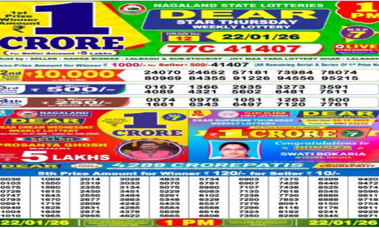 Nagaland State Lottery Result Today, 22-1-2026 LIVE: Sambad Dear 1PM Weekly Thursday Lucky Draw Winners List