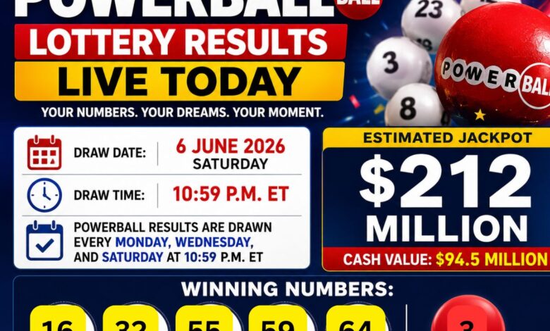 OUT| Lottery Powerball Winning Numbers June 6, 2026: $212 Million Jackpot Winner, Cash Prize Rolls Over $94.5 Million Draw