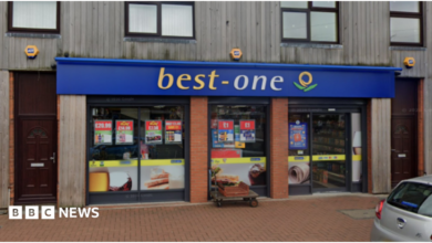 A shop with the words Best One on a blue background at the top of the ground floor outside. Part of a pavement and a silver car are visible in front of the store.