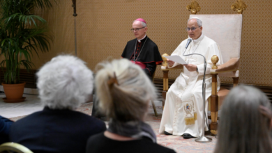 Pope Leo XIV speaks during his meeting with writers from around the world at the Capitolare Hall of St. Peter's Basilica at the Vatican June 24, 2026, to mark the 100th anniversary of the Holy See's publishing house, Libreria Editrice Vaticana.