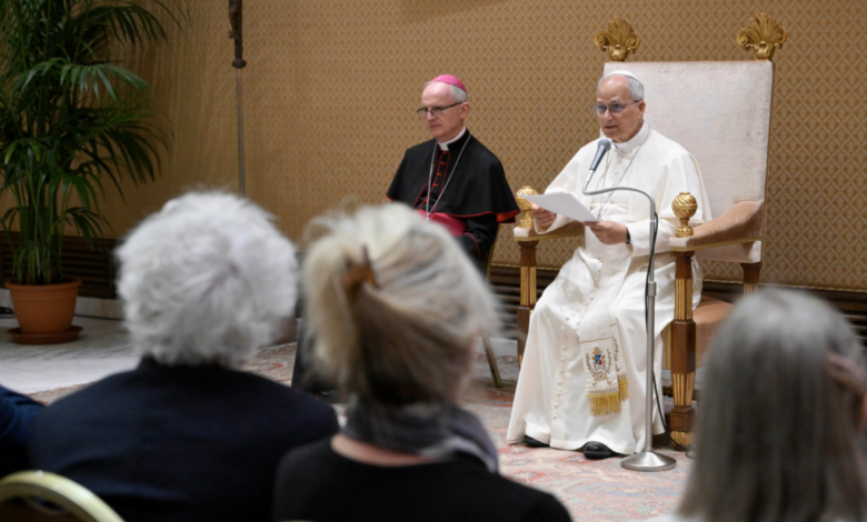 Pope Leo XIV speaks during his meeting with writers from around the world at the Capitolare Hall of St. Peter's Basilica at the Vatican June 24, 2026, to mark the 100th anniversary of the Holy See's publishing house, Libreria Editrice Vaticana.