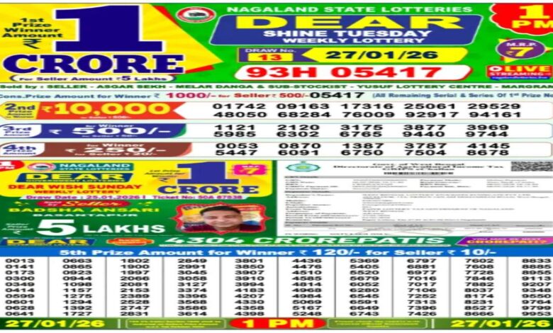 Nagaland State Lottery Result Today, 27-01-2026 LIVE for 1 PM Dear Tuesday Weekly Lucky Draw; Check Winners