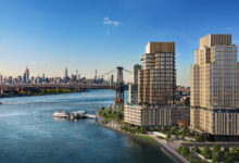 rendering showing waterfront towers